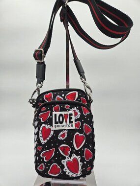 Brighton Love Crossbody Phone Bag Black Red Hearts Camera Strap Purse Like New
